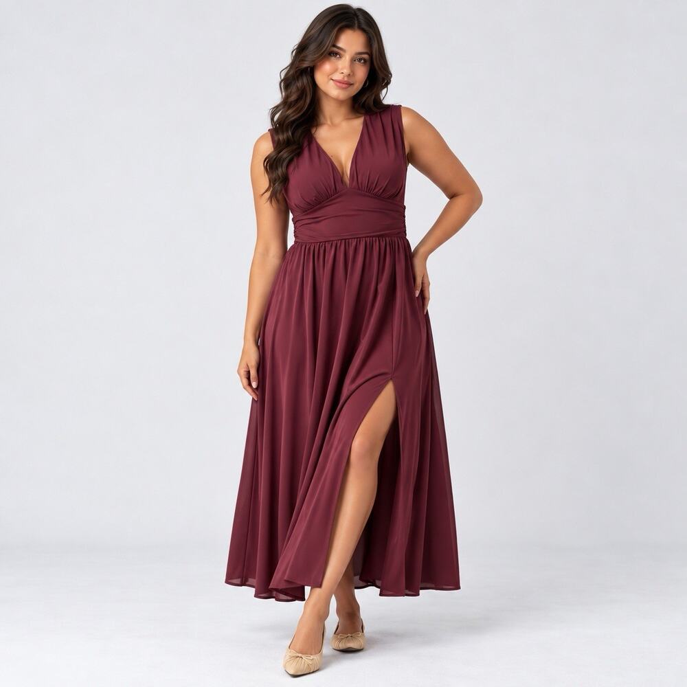Halara Womens XL Burgundy V-Neck Sleeveless Maxi Dress Built In Bra Front Split